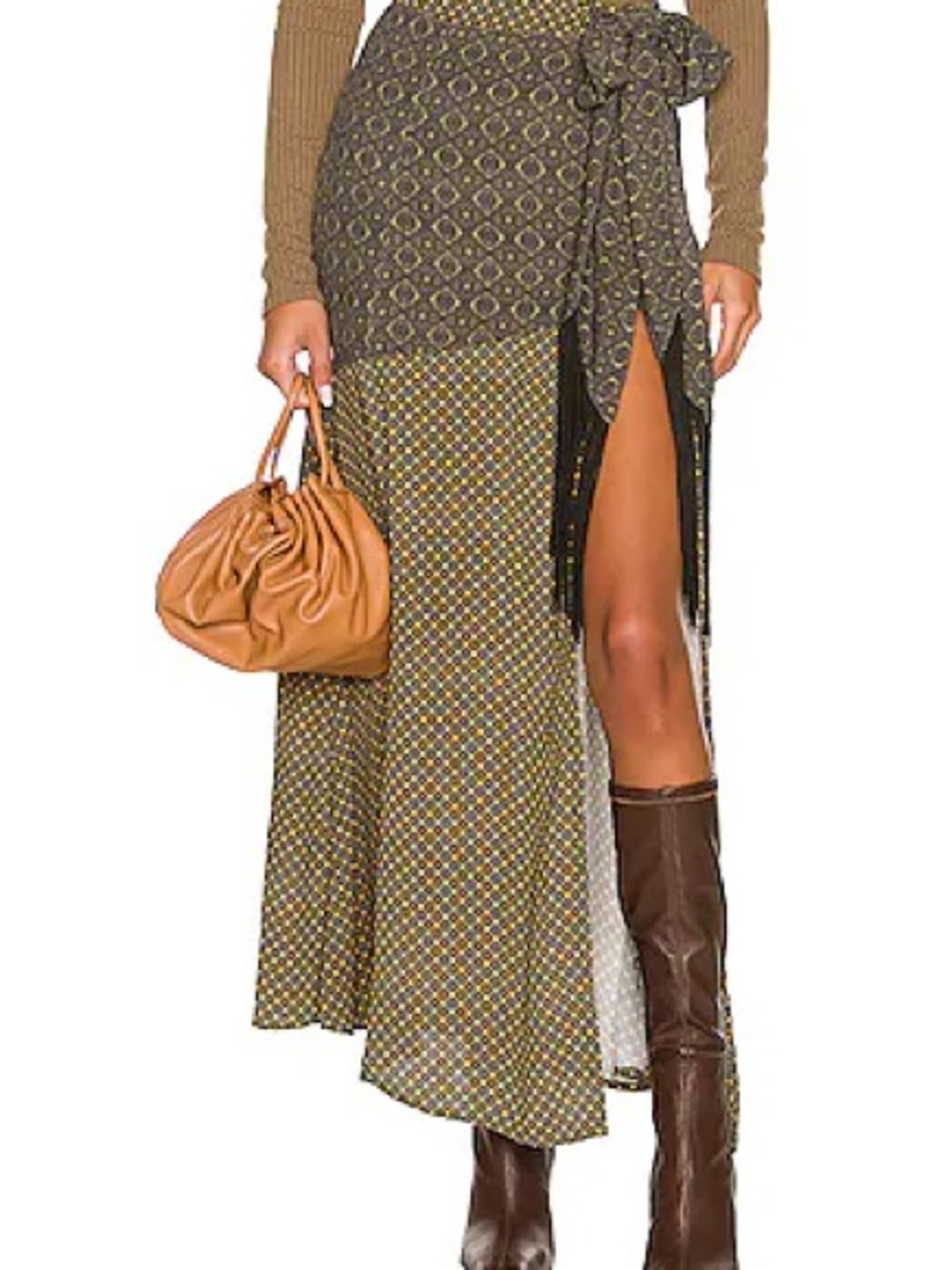 House of Harlow 1960 Olive Multi Printed Tie-Waist Maxi Skirt